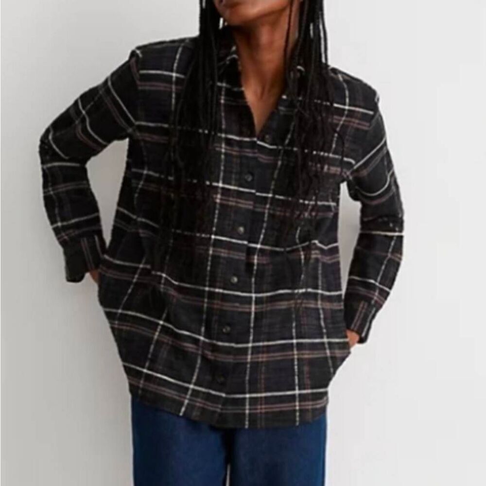 Madewell Black Plaid Oversized Cotton Slub Flannel Shirt Size XS